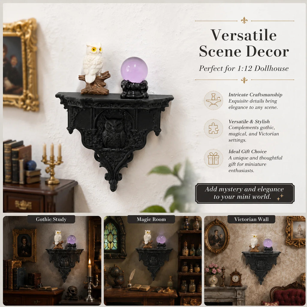 Miniature dollhouse dark carved wall shelf, magic crystal ball owl decoration, niche soft furnishing wall shelf accessories