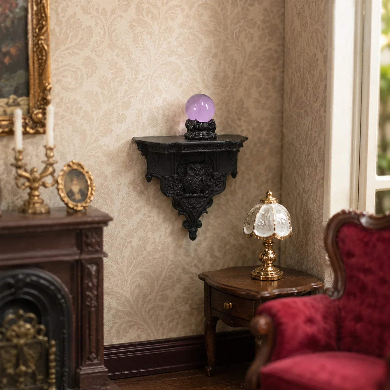 Miniature dollhouse dark carved wall shelf, magic crystal ball owl decoration, niche soft furnishing wall shelf accessories