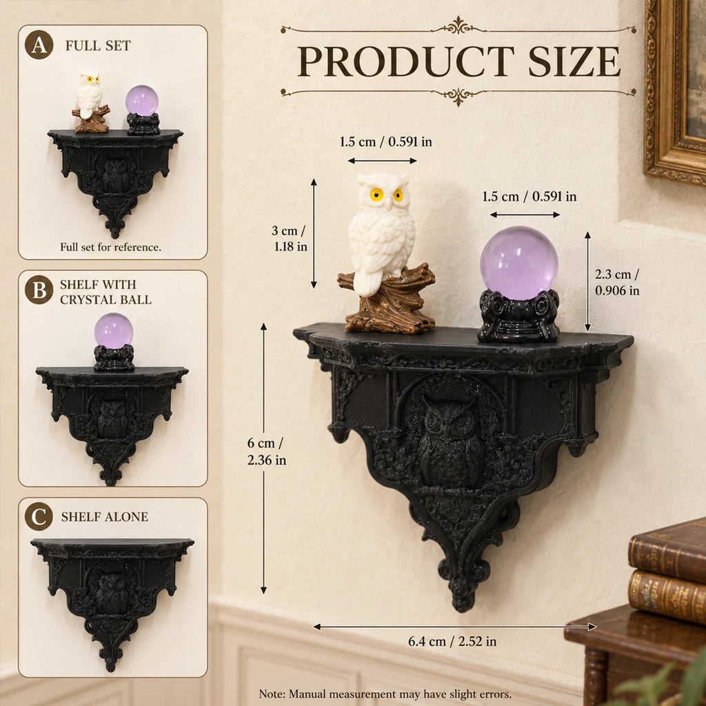 Miniature dollhouse dark carved wall shelf, magic crystal ball owl decoration, niche soft furnishing wall shelf accessories