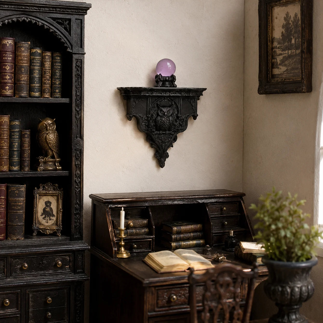 Miniature dollhouse dark carved wall shelf, magic crystal ball owl decoration, niche soft furnishing wall shelf accessories