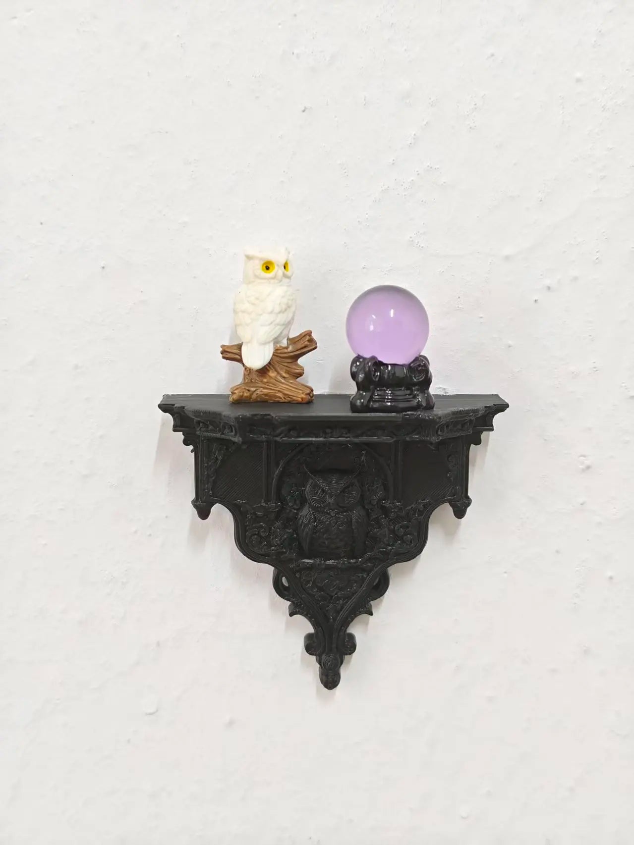 Miniature dollhouse dark carved wall shelf, magic crystal ball owl decoration, niche soft furnishing wall shelf accessories