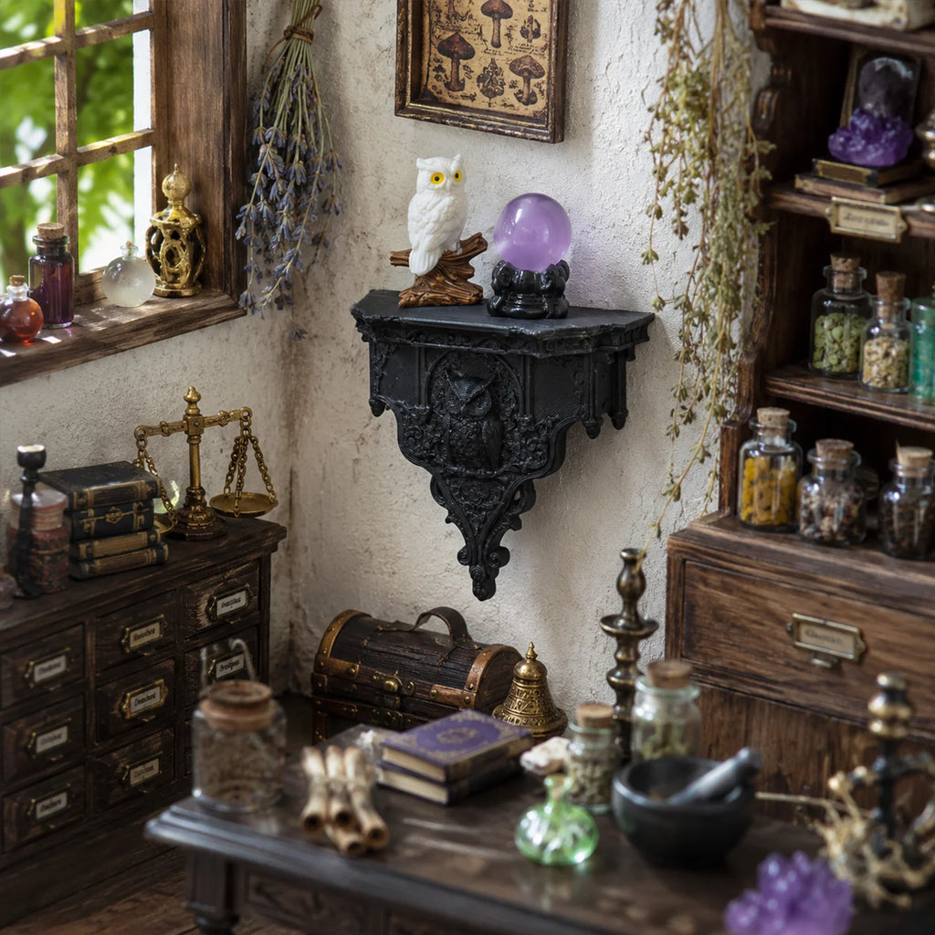 Miniature dollhouse dark carved wall shelf, magic crystal ball owl decoration, niche soft furnishing wall shelf accessories