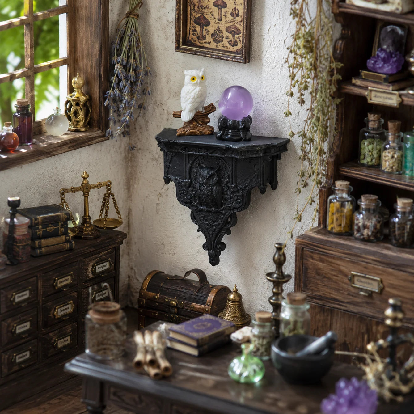 Miniature dollhouse dark carved wall shelf, magic crystal ball owl decoration, niche soft furnishing wall shelf accessories