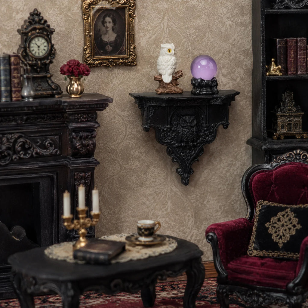 Miniature dollhouse dark carved wall shelf, magic crystal ball owl decoration, niche soft furnishing wall shelf accessories